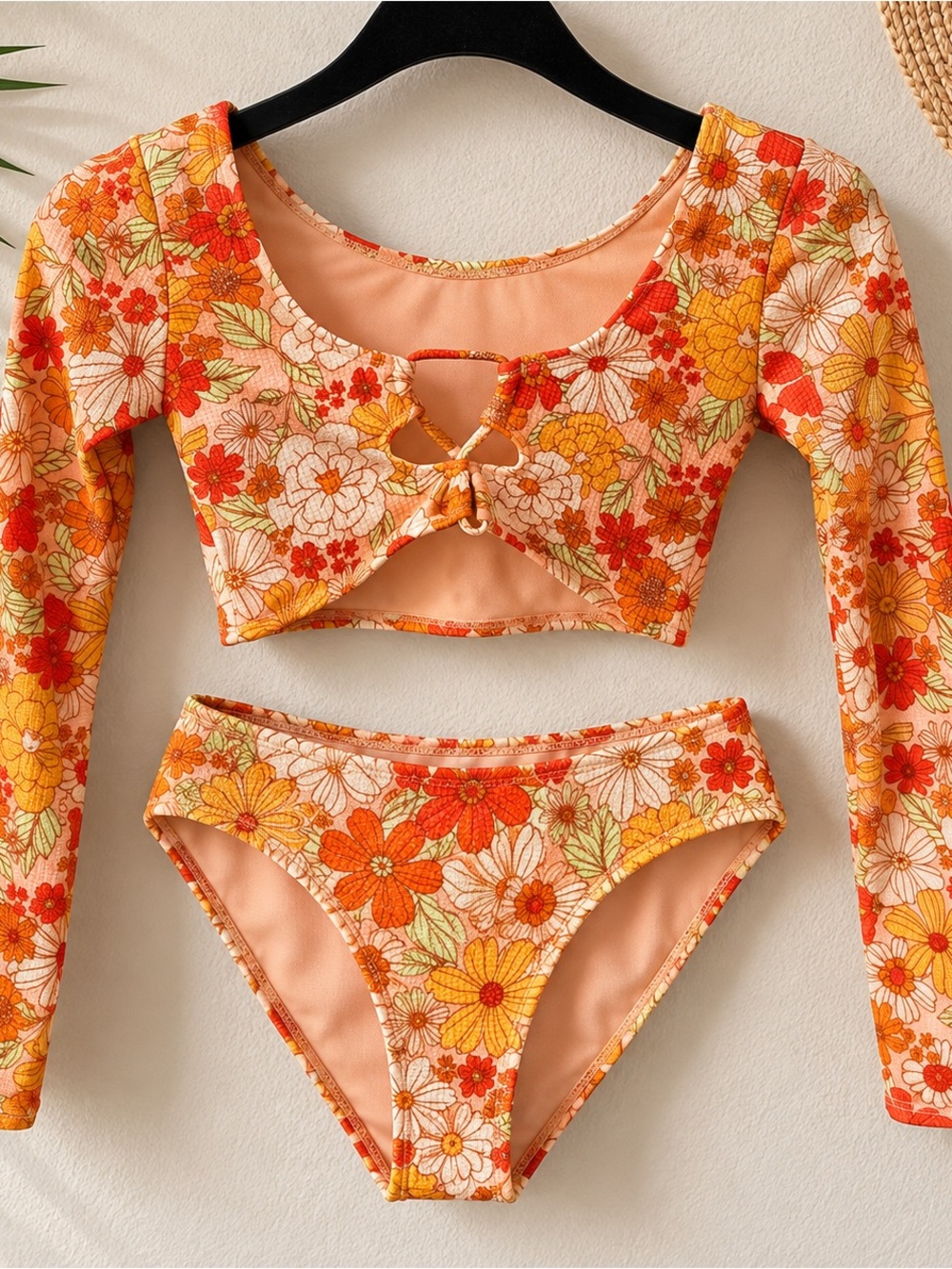 Girls Floral Long Sleeve Cutout Bikini Swimsuit Set Size L 10/12 NWT